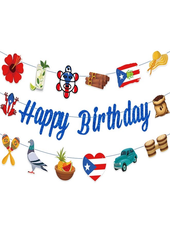 Geodurn Puerto Rico Happy Birthday Banner with Island Symbols - Pre-Strung Boricua Theme Garland with Flag, Coquí Frog, Coffee, and Tropical Design - Puerto Rican Fiesta Party Decorations - Image 1